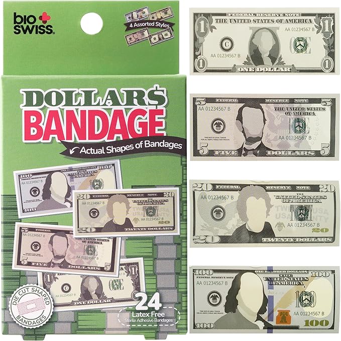 BioSwiss Bandages, Money Shaped Self Adhesive Bandage, Latex Free Sterile Wound Care, Fun First Aid Kit Supplies for Kids, 24 Count