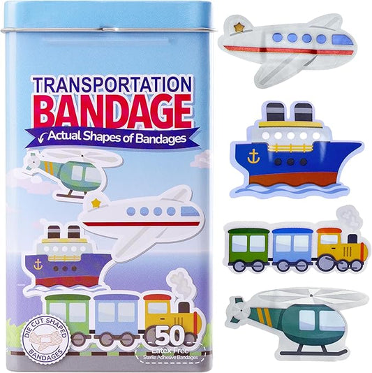 BioSwiss Bandages, Transportation Shaped Self Adhesive Bandage, Latex Free Sterile Wound Care, Fun First Aid Kit Supplies for Kids, 50 Count