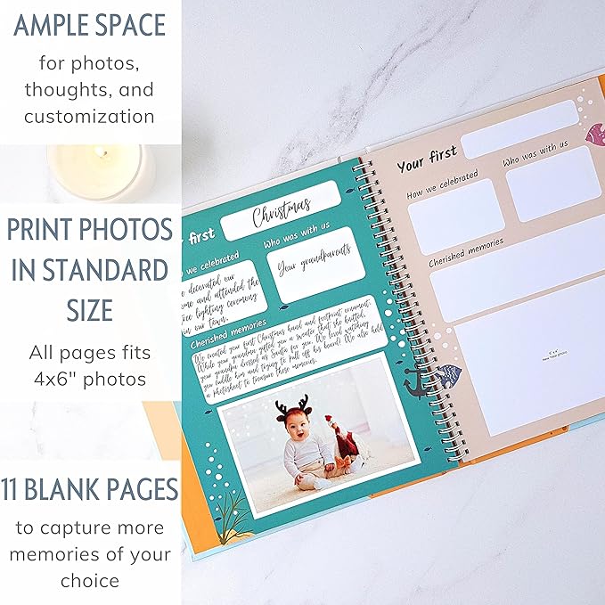 Baby Memory Book for Girl or Boy - First Year Unisex Ocean Keepsake to Log Newborn 1st Milestone - Gender Neutral Sea Photo Album Dairy - Nautical Themed Stuff Journal - Elegant New Parents Baby Gifts