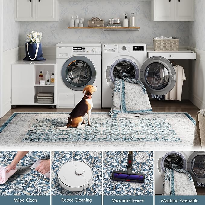 jinchan Runner Rug 2x7 - Machine Washable Dark Blue Vintage Floral Distressed Design Soft Non-Slip Low-Pile Ultra-Thin Runner Rug for Kitchen Hallway Laundry Room Entryway Farmhouse (2‘x7',Dark Blue)