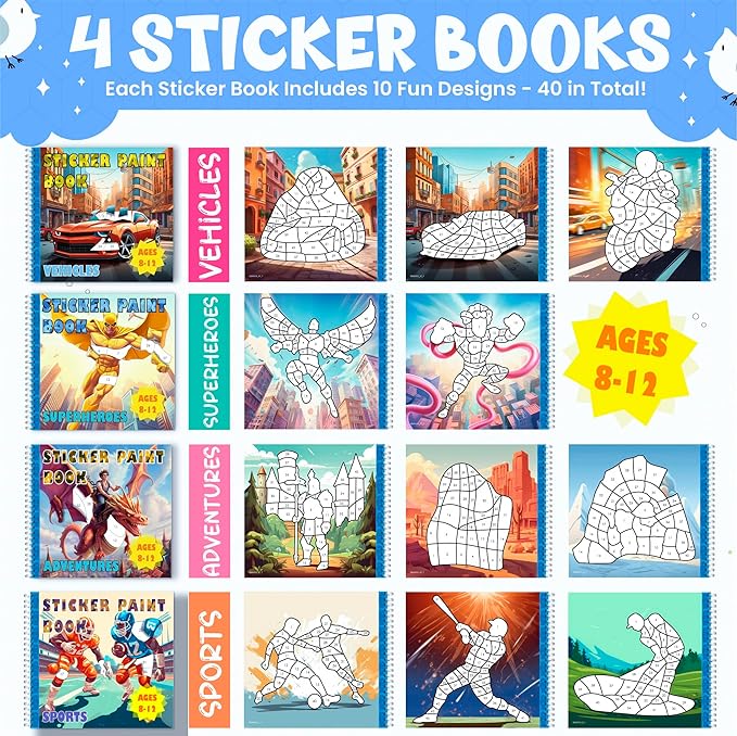 BulbaCraft 4Pcs Sticker Paint Books for Boys - Sticker Books by Number with Superheroes, Sports, Vehicles and Adventures - Coloring Activity for Kids