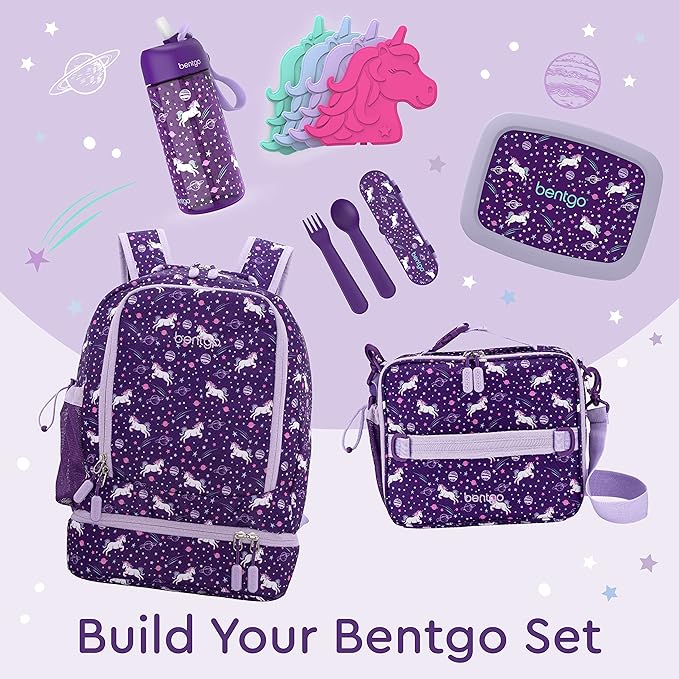 Bentgo Kids 2-in-1 Backpack & Insulated Lunch Bag - Durable 16” Backpack & Lunch Container in Unique Prints for School & Travel - Water Resistant, Padded & Large Compartments (Unicorn)