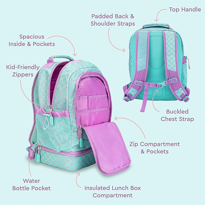 Bentgo Kids 2-in-1 Backpack & Insulated Lunch Bag - Durable 16” Backpack & Lunch Container in Unique Prints for School & Travel - Water Resistant, Padded & Large Compartments (Mermaid Scales)