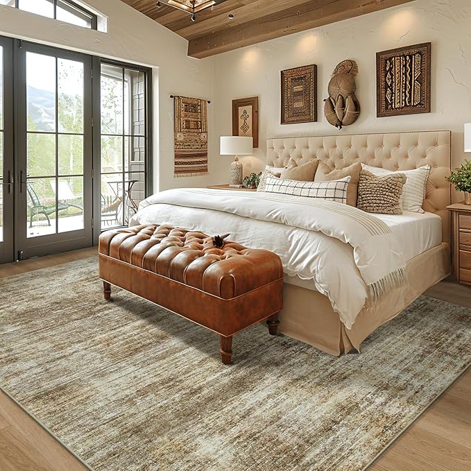 Area Rugs 8x10 Living Room Rugs: Large Modern Abstract Washable Rug with Non-Slip Backing, Thin Carpet for Dining Room Table Bedroom Nursery Indoor Home Office-Brown