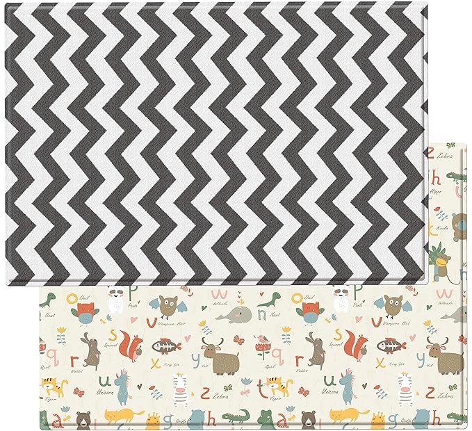Baby Care Play Mat (Large, Zig Zag - Black) 82'' x 55'' Original One-Piece Reversible Rollable Waterproof Play Mat for Infants, Babies, Toddler, and Kids