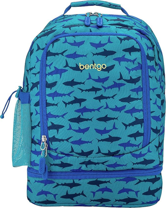 Bentgo Kids 2-in-1 Backpack & Insulated Lunch Bag - Durable 16” Backpack & Lunch Container in Unique Prints for School & Travel - Water Resistant, Padded & Large Compartments (Shark)